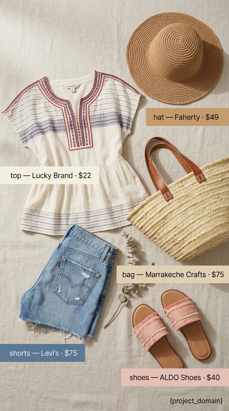 Cute summer denim shorts for women 2026: Longer inseam shorts with a flowy peasant blouse and straw hat for poolside.