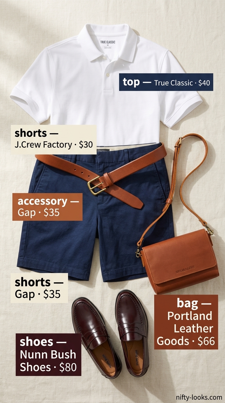 Preppy summer outfit with navy chino shorts, white polo, and loafers. Cute summer denim shorts for women 2026 style.