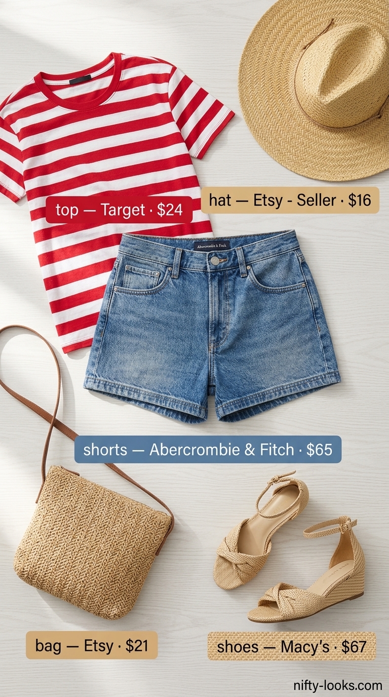 Retro beach babe outfit: high-waisted denim shorts, striped tee, straw hat. Cute summer denim shorts for women 2026.