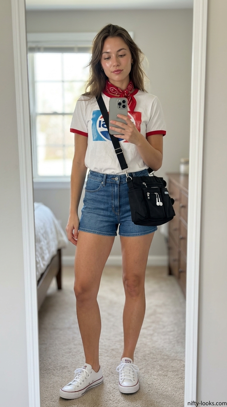 Cute summer denim shorts for women 2026: Classic mid-rise shorts with a graphic tee, bandana, and sneakers for a road trip.