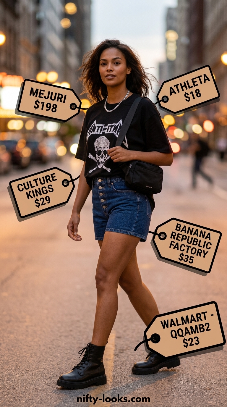 Cute summer denim shorts for women 2026: dark wash shorts, graphic tee, combat boots for urban exploration.