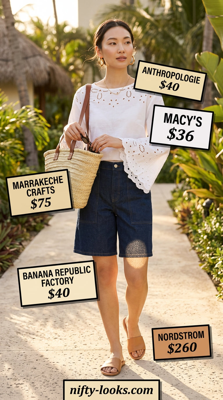 Cute summer denim shorts for women 2026: mid-rise shorts, white embroidered blouse, straw tote for vacation.
