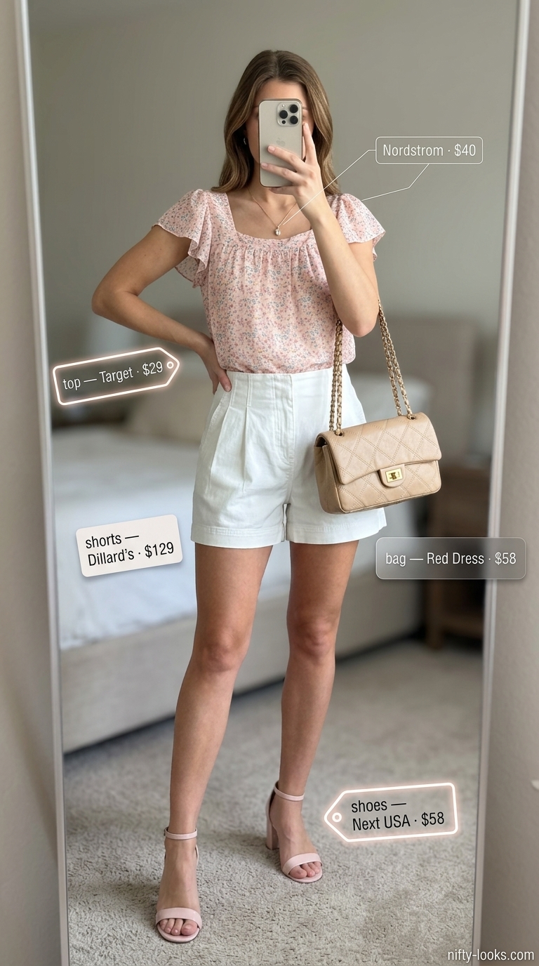 Feminine brunch outfit: tailored shorts, floral blouse, block heels. Cute summer denim shorts for women 2026.