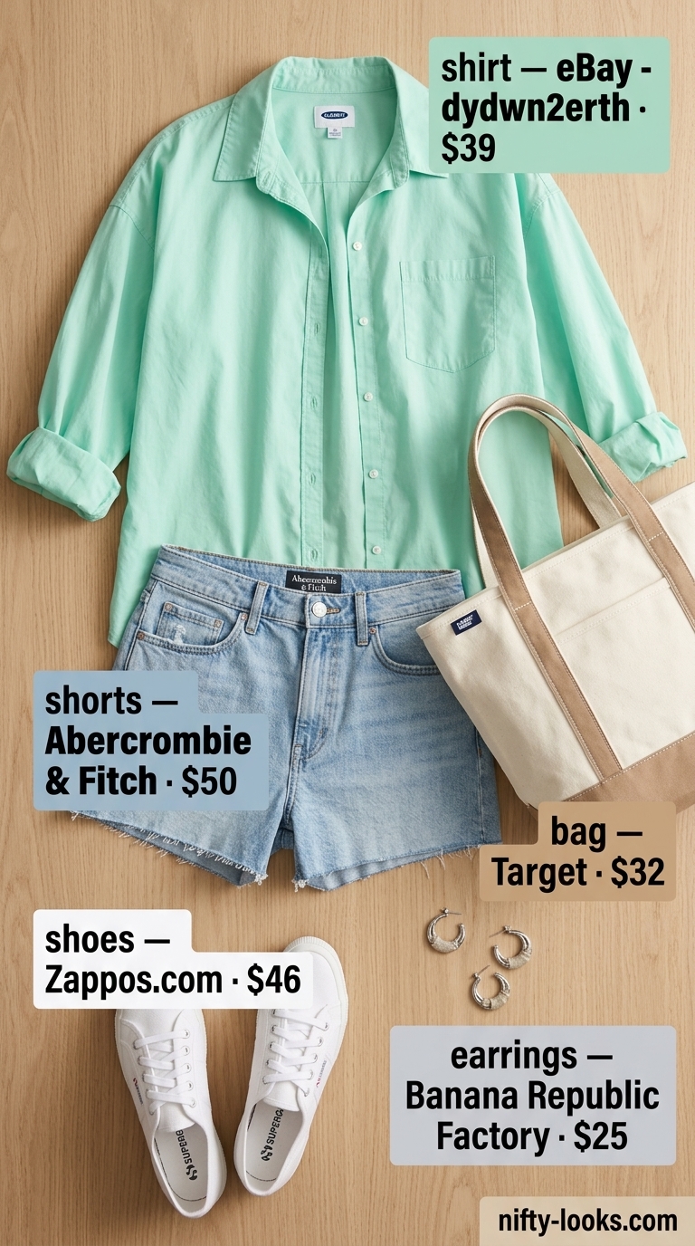 Cute summer denim shorts for women 2026: Mid-rise relaxed shorts with an oversized mint shirt and canvas sneakers for weekend.