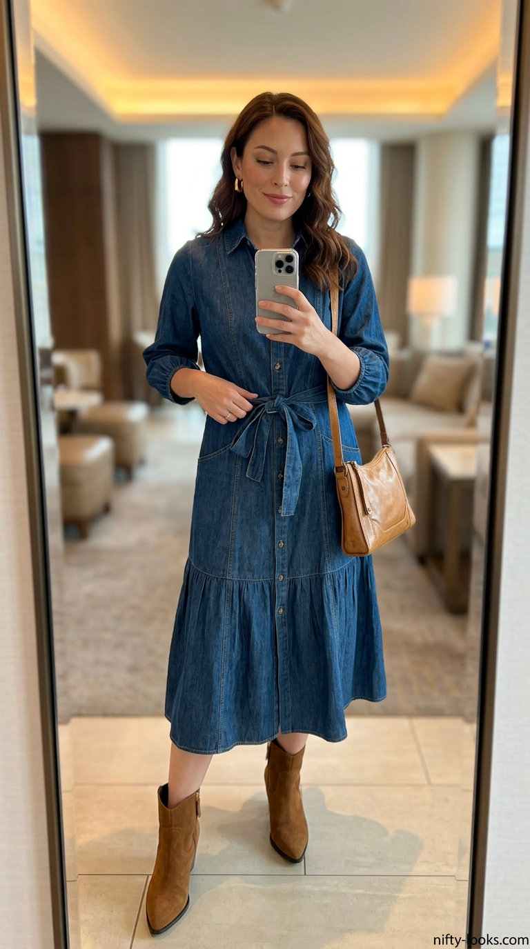 Edgy denim midi shirt dress for summer date night 2026. Tan boots & gold hoops.
