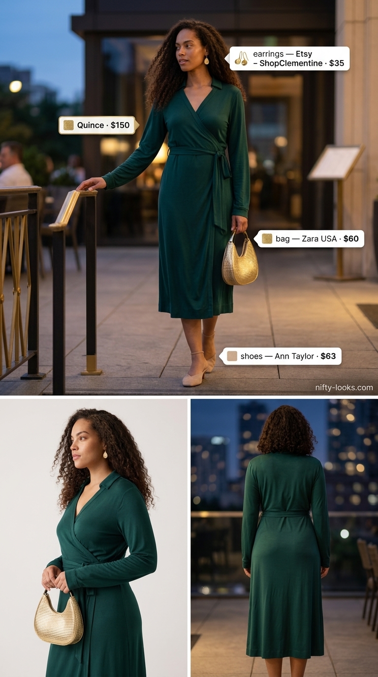 Elegant emerald green silk wrap dress for summer date night 2026. Gold accessories & cream mules.