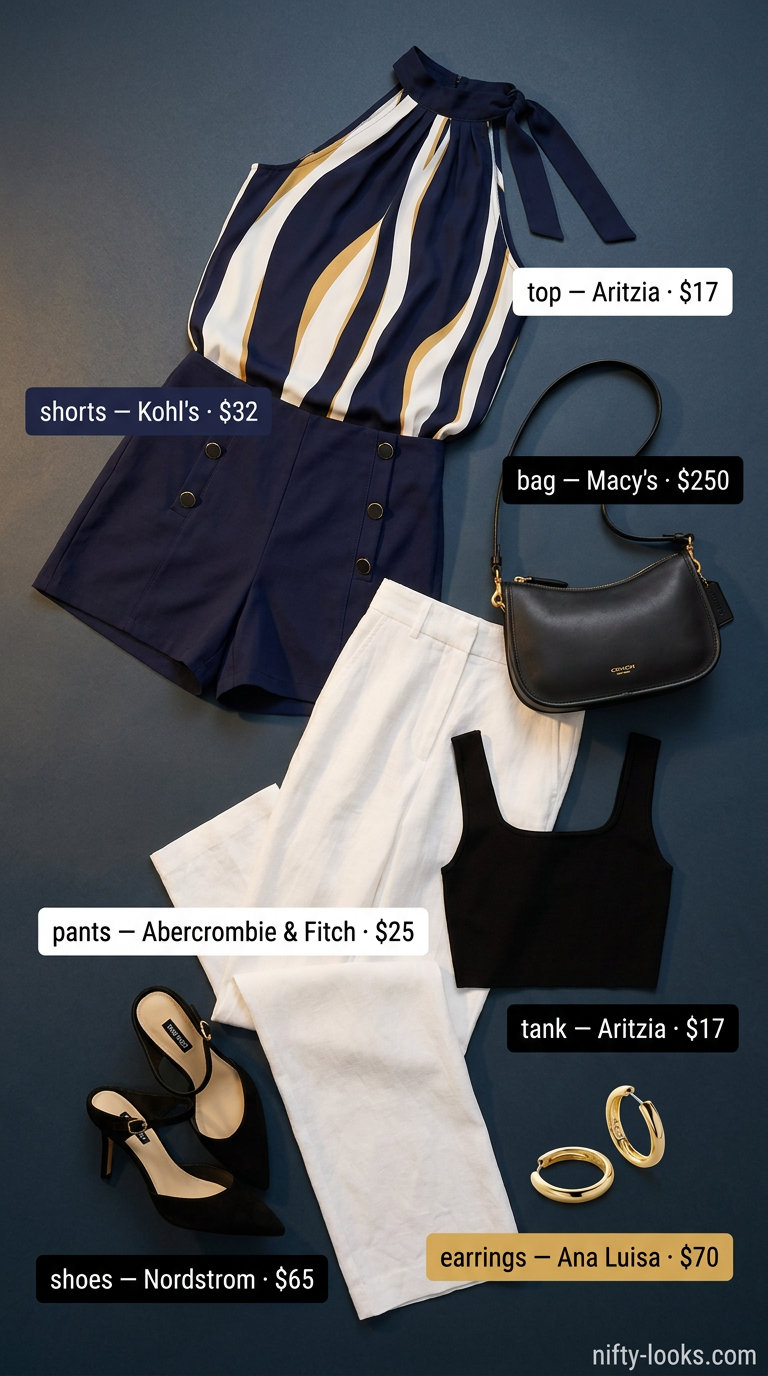 Chic ivory linen trousers & black crop top for summer date night 2026. Modern gold accessories.