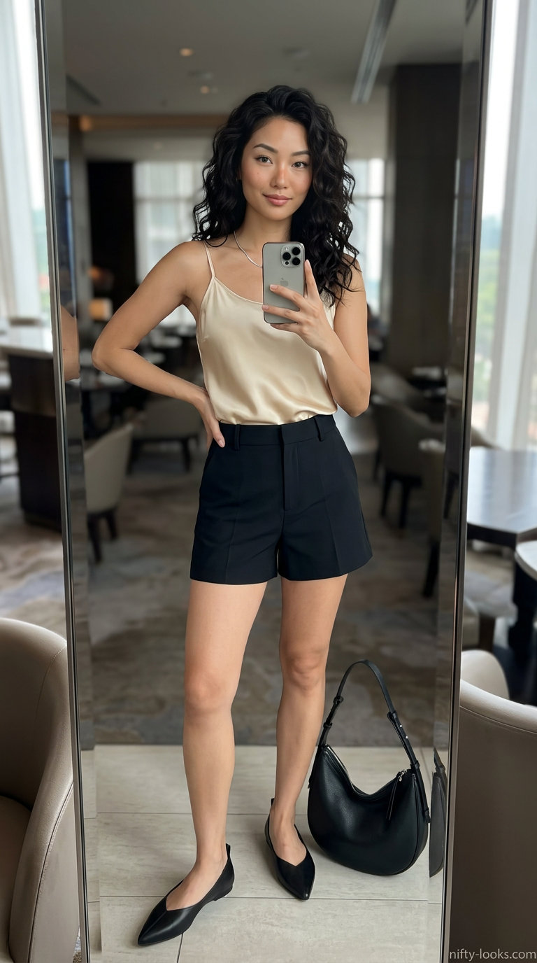 Chic champagne silk camisole & black tailored shorts for summer date night 2026.