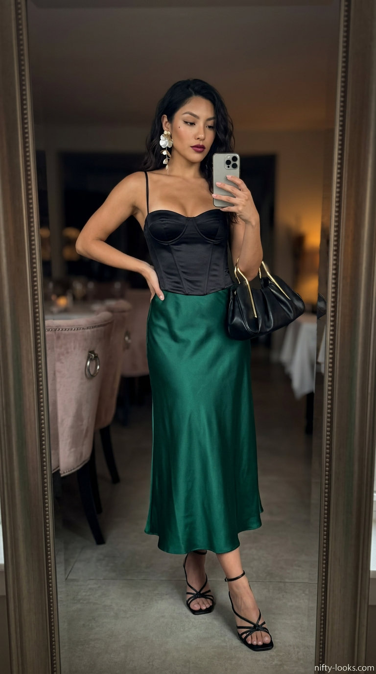 Glamorous emerald green satin midi skirt & black corset top for summer date night 2026.