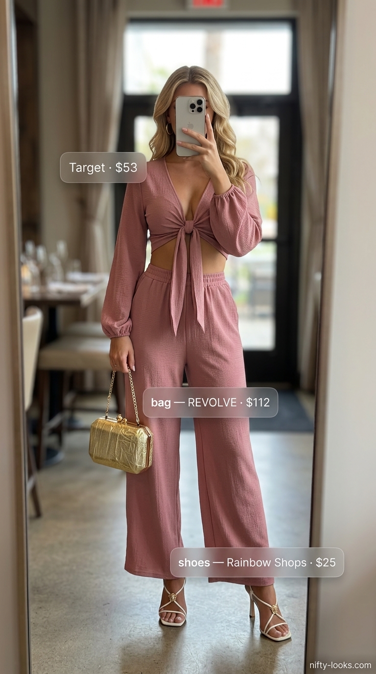 Polished summer date night outfit 2026: Blush pink linen set, white sandals, and gold hoops for a chic look.