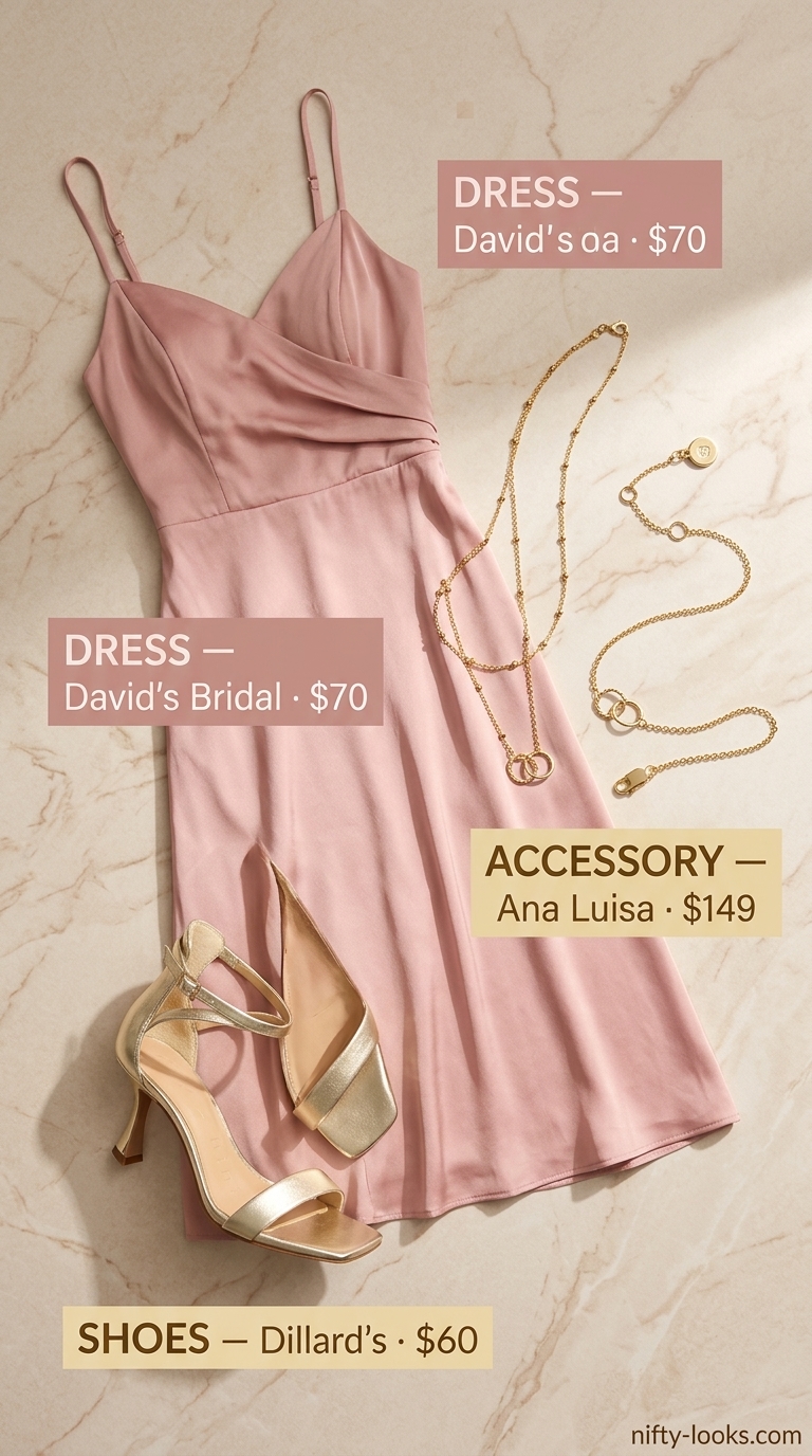 Blush pink slip dress outfit for women 2026: satin slip dress, gold sandals, layered necklaces.