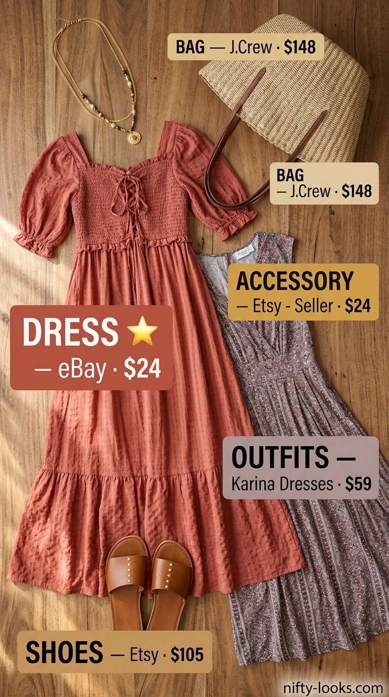 Bohemian summer date night outfit 2026: Terracotta maxi dress, layered necklaces, and straw tote for an outdoor dinner.