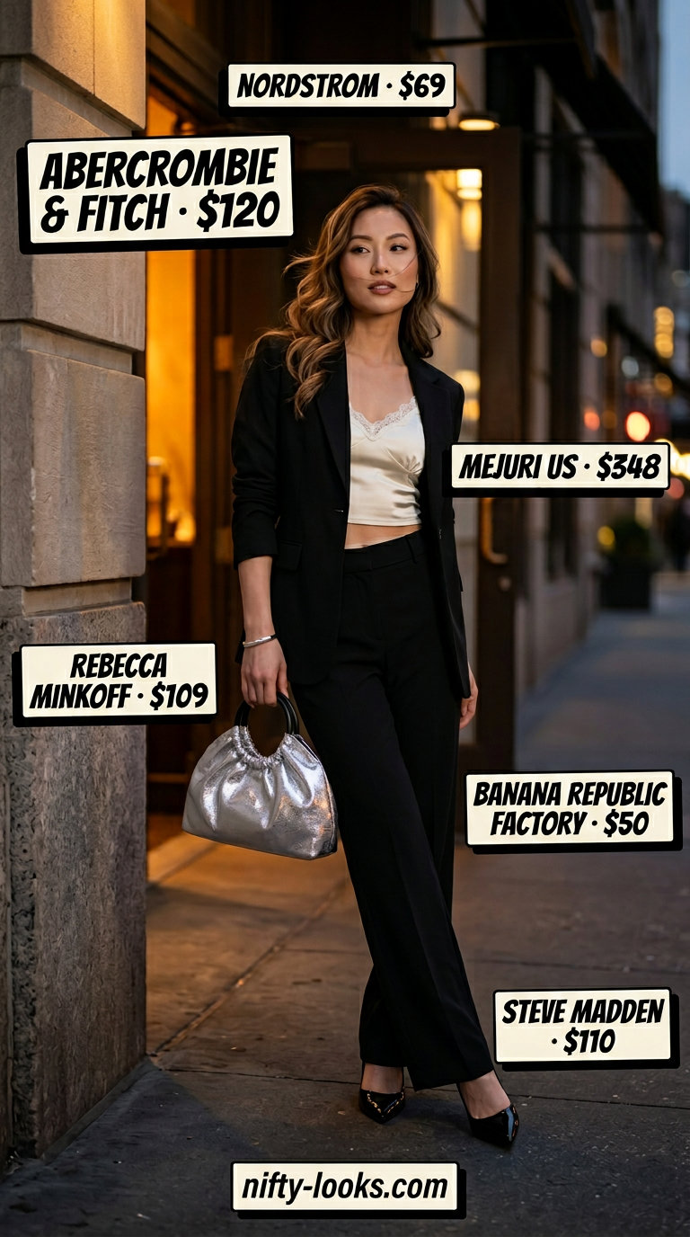 Chic city summer date night outfit 2026: Black blazer, white camisole, wide-leg trousers, and silver accessories.