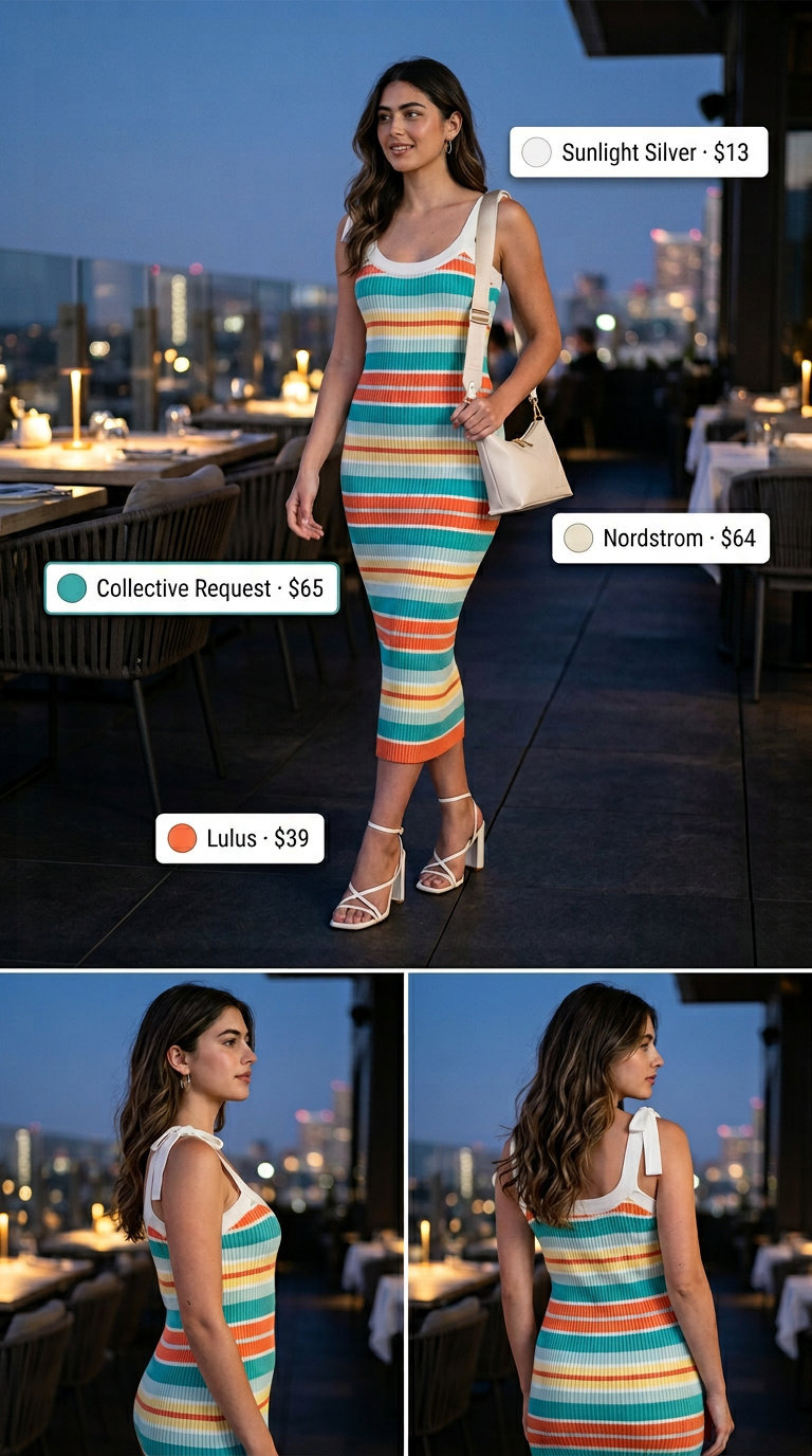 Bold summer date night outfit 2026: Teal & coral color-block midi dress, white heels, and silver earrings.