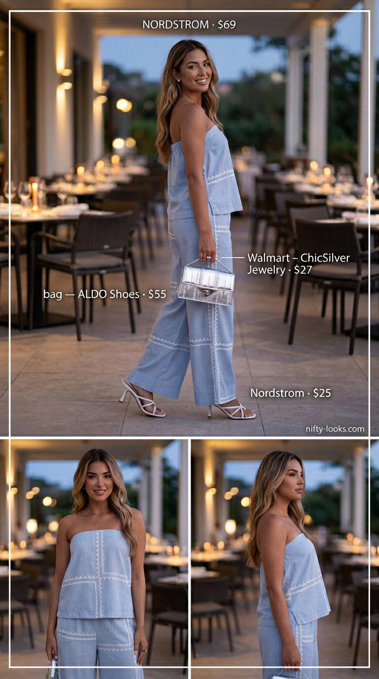 Coordinated set outfit for women 2026: light blue wide-leg pants set, white sandals, silver bag.