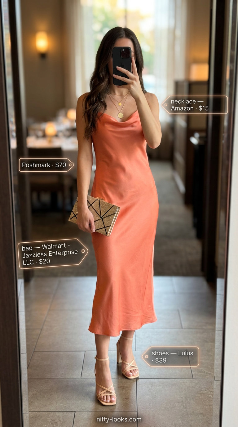 Elegant summer date night outfit 2026: Coral slip dress, gold necklaces, and nude heels for a romantic evening.
