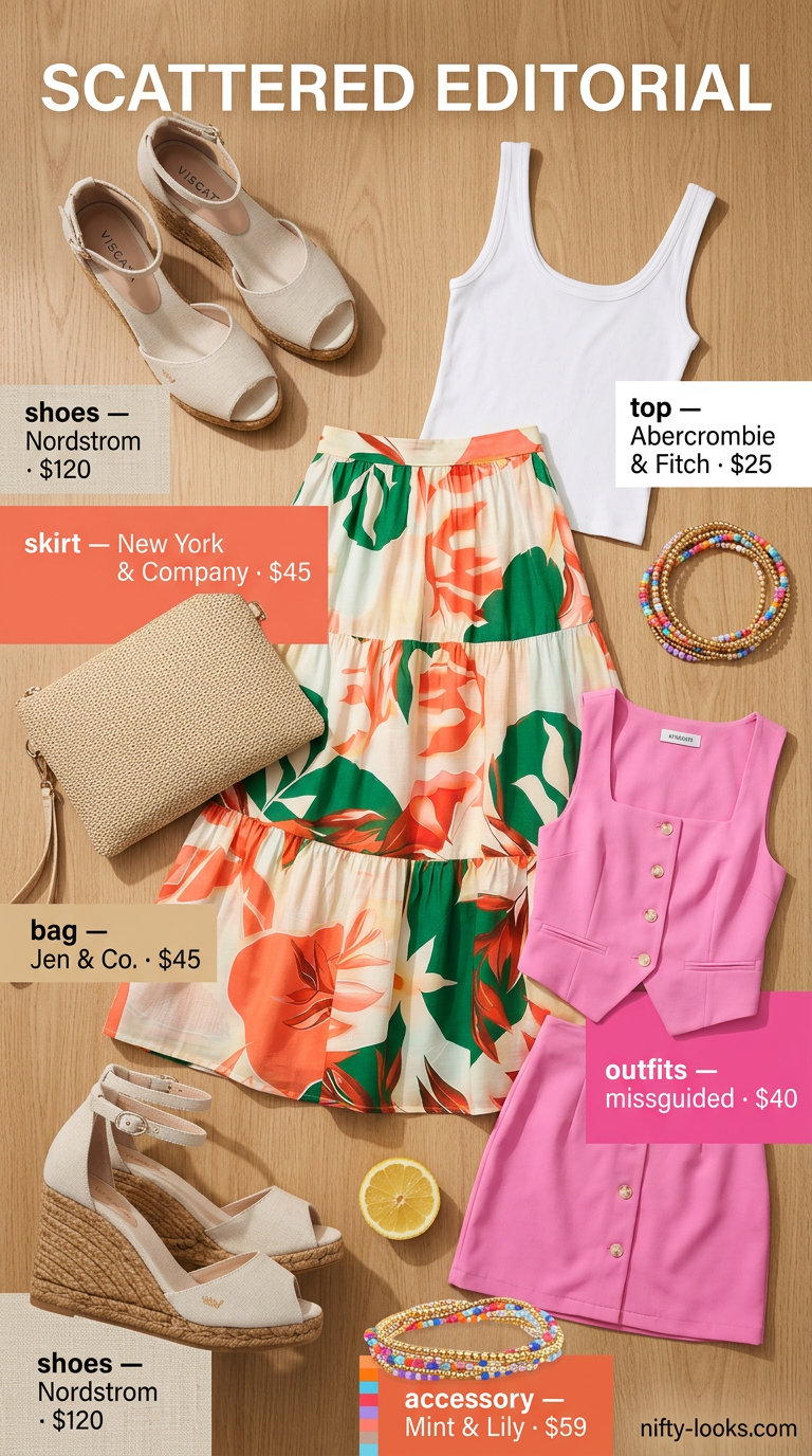 Feminine summer date night outfit 2026: Coral floral midi skirt, white tank, and espadrilles for a playful look.