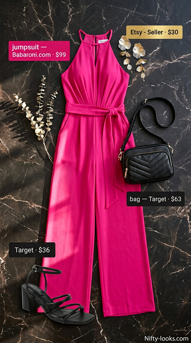 Trendy summer date night outfit 2026: Fuchsia wide-leg jumpsuit, black heels, and gold statement earrings.