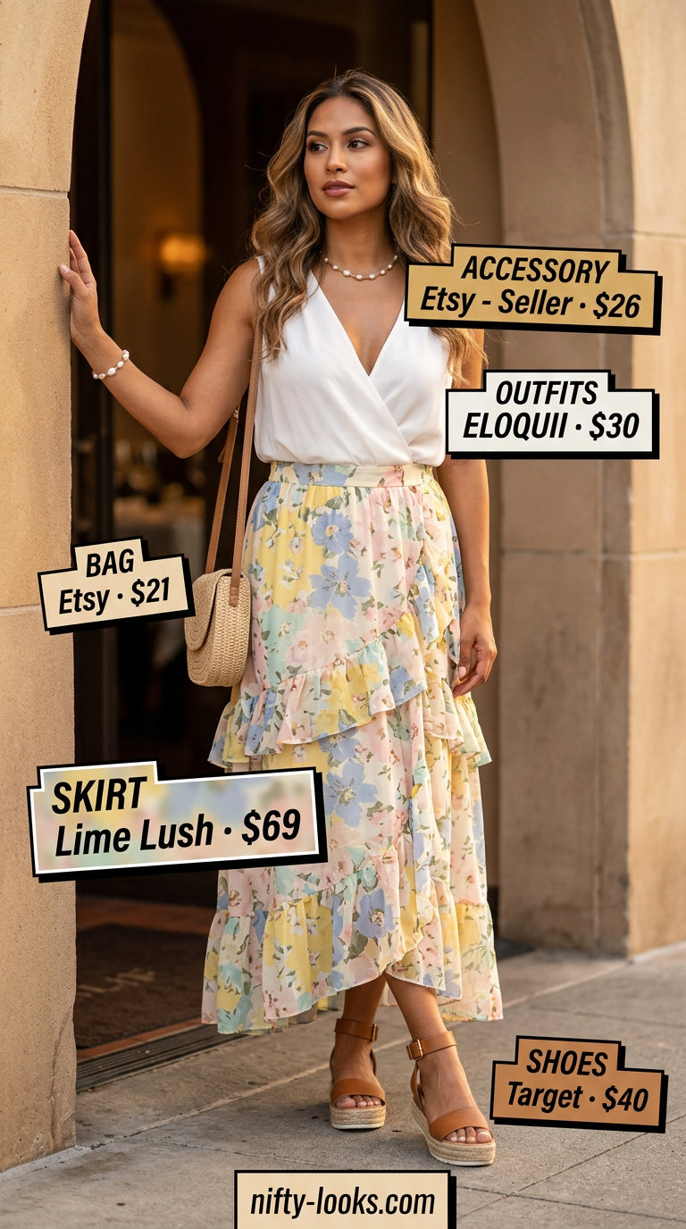 Garden party floral skirt outfit for women 2026: floral midi skirt, white tank top, espadrille wedges.