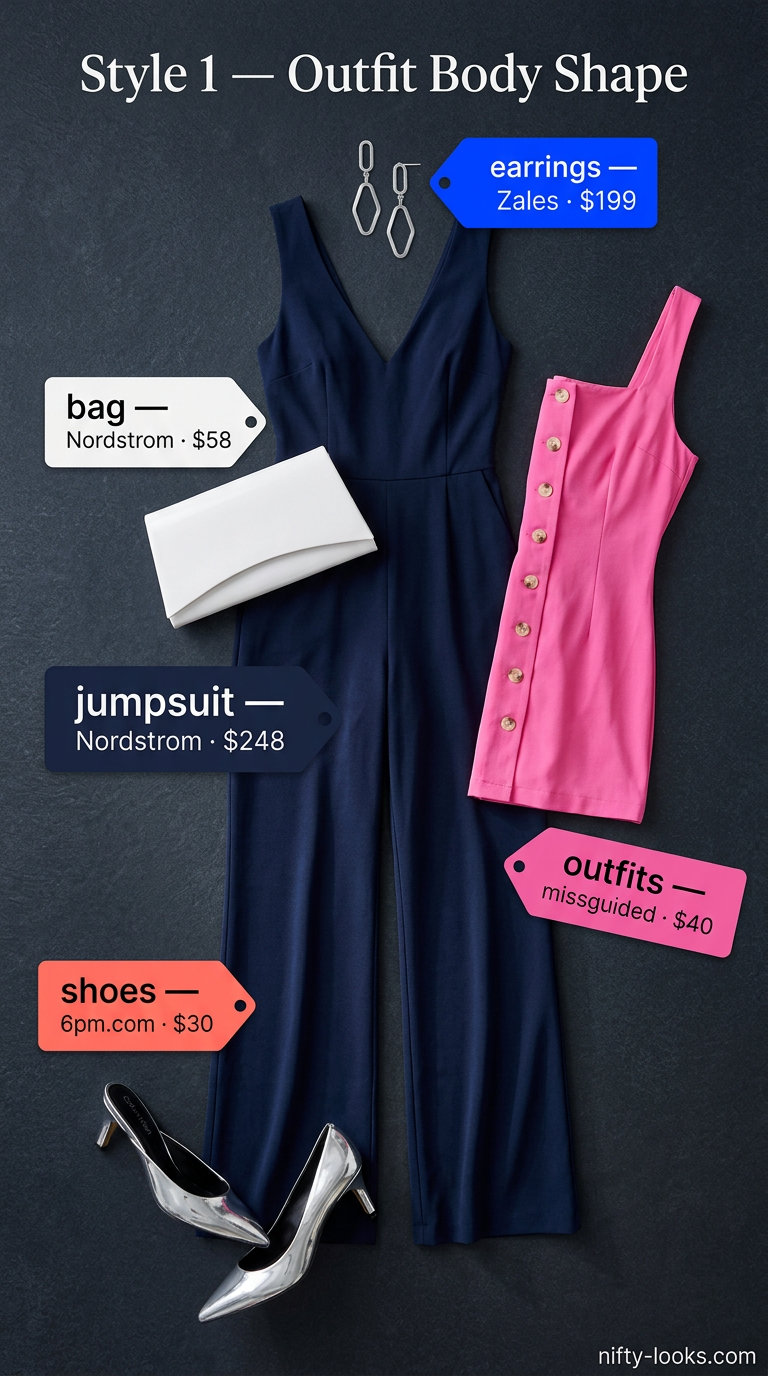 Sophisticated summer date night outfit 2026: Navy wide-leg jumpsuit, silver mules, and geometric earrings.