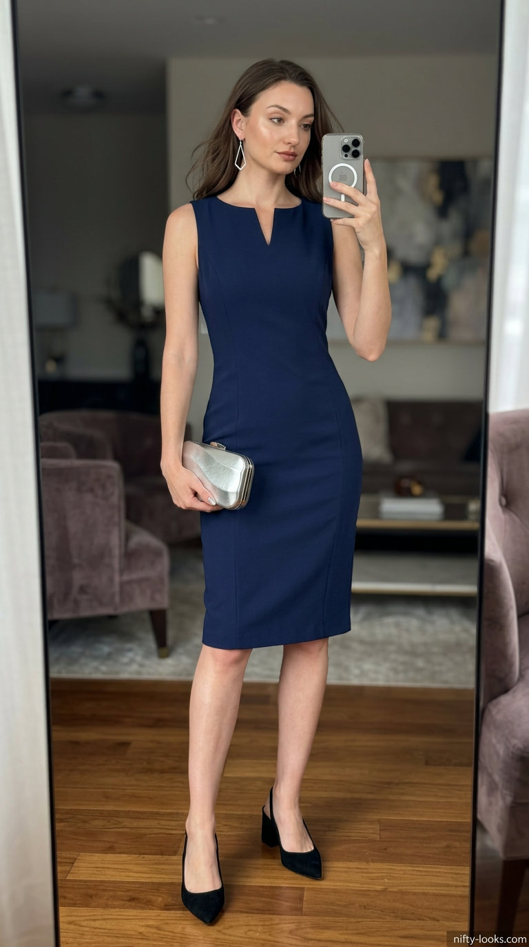Chic summer date night outfit 2026: Navy sheath midi dress, silver earrings, and black slingbacks for a minimalist look.