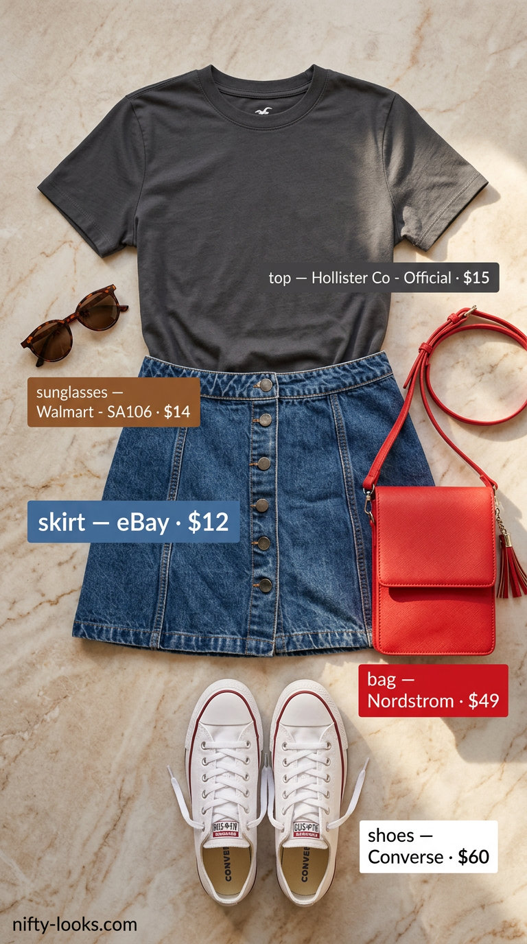 Retro denim mini skirt outfit for women 2026: white graphic tee, denim skirt, red crossbody bag, sneakers.