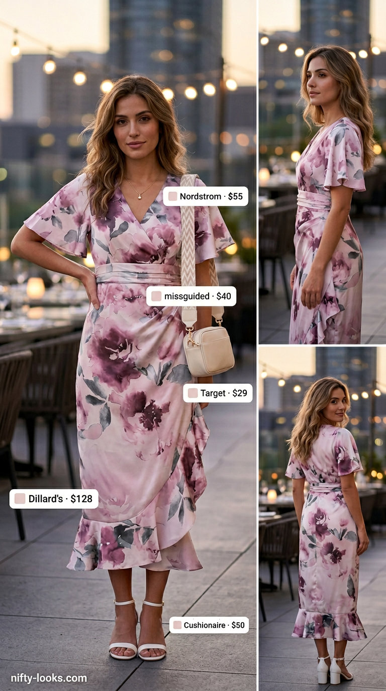 Romantic wrap dress outfit for women 2026: pastel floral midi wrap dress, block heels, gold necklace.