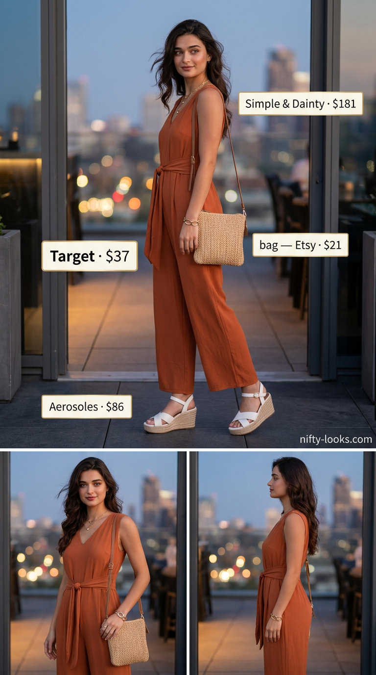 Chic summer date night outfit 2026: Terracotta wide-leg jumpsuit, gold necklaces, and wedge heels for a sophisticated look.
