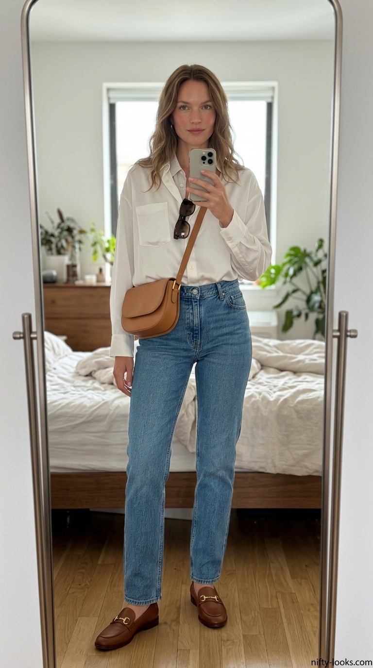 White button-down shirt and jeans outfit for women 2026. Classic summer basics with loafers & tan bag.