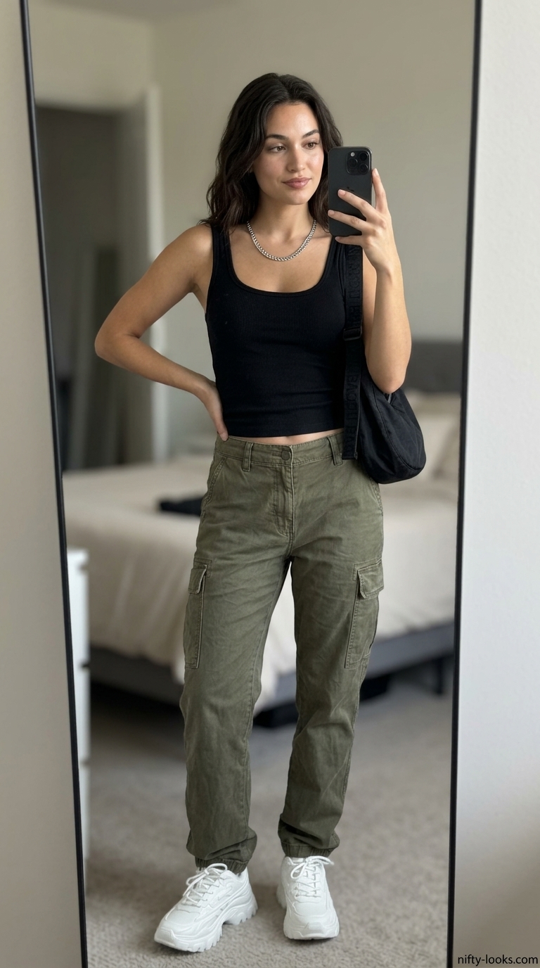 Olive green cargo pants with black tank top and chunky sneakers. Everyday summer basics outfits for women 2026.