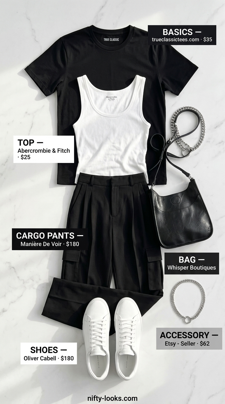 Black cargo pants with white top & silver chain for edgy every day summer basics outfits for women 2026.