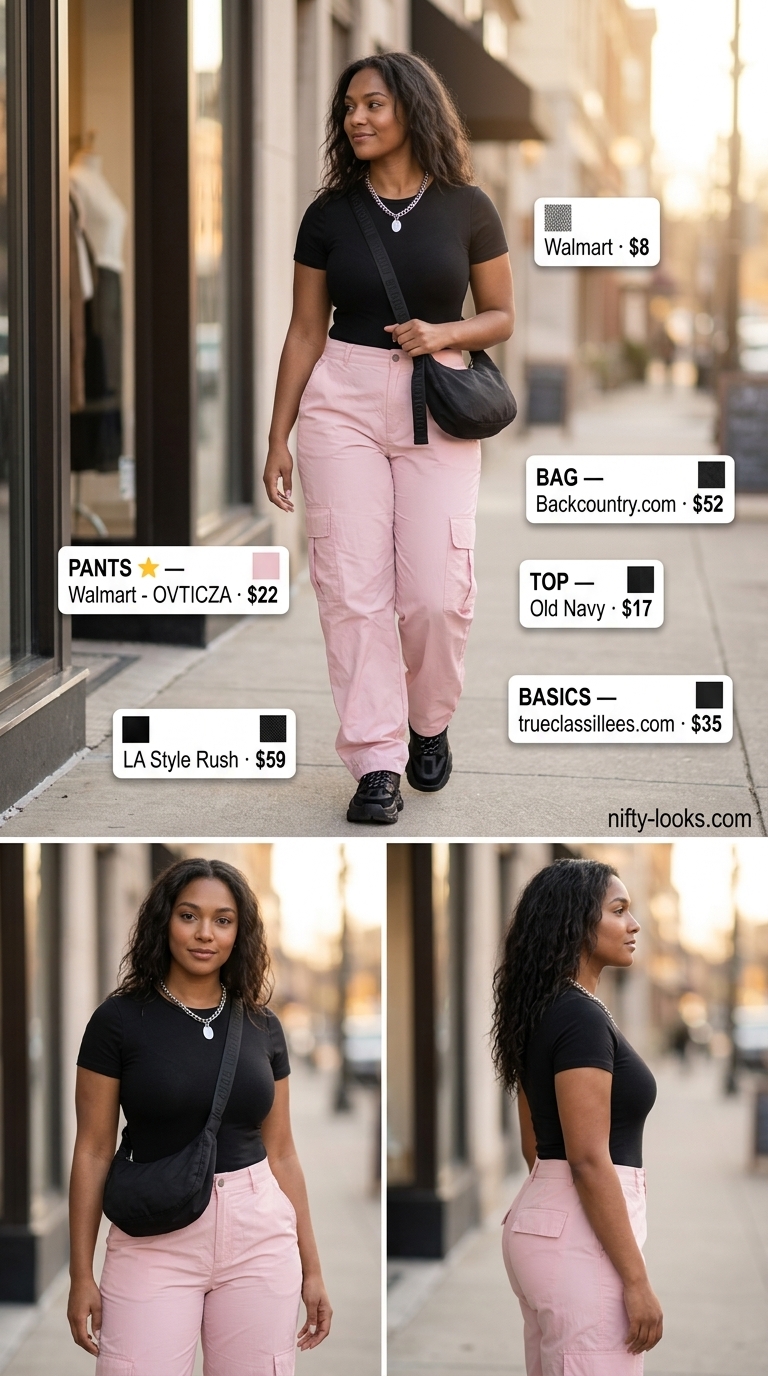 Blush pink cargo pants outfit for women 2026. Trendy summer basics with black bodysuit & sneakers.