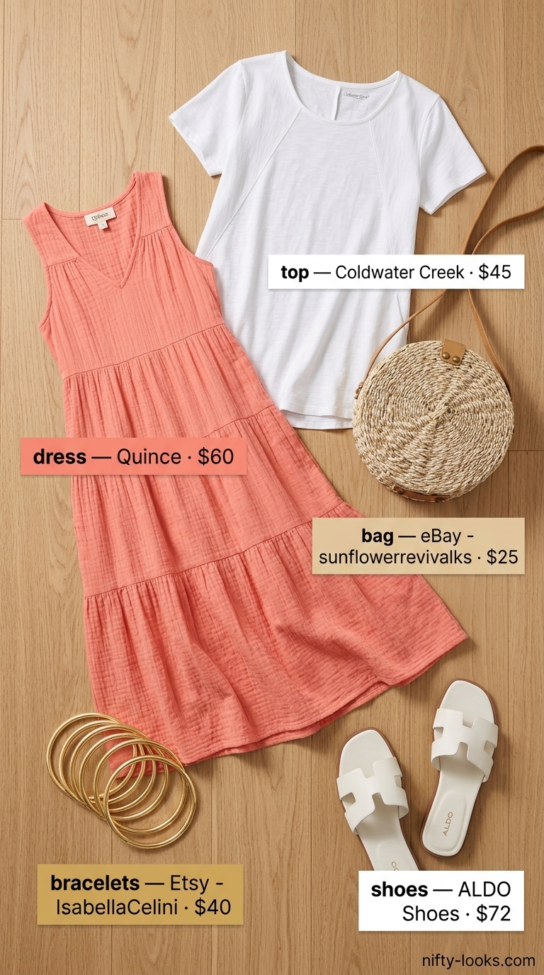 Coral tiered maxi dress with white slides and straw crossbody bag. Everyday summer basics outfits for women 2026.