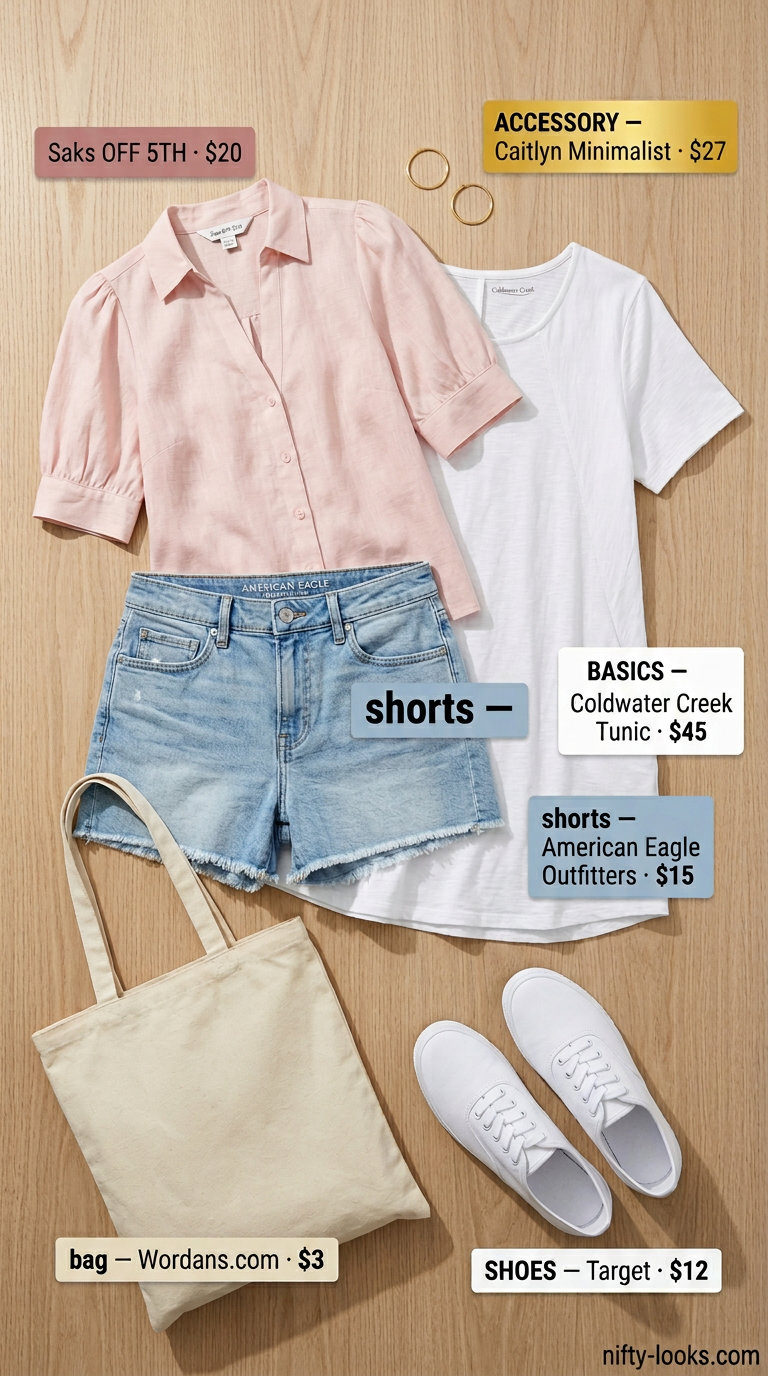 Denim shorts with blush pink linen blouse and white sneakers. Everyday summer basics outfits for women 2026.