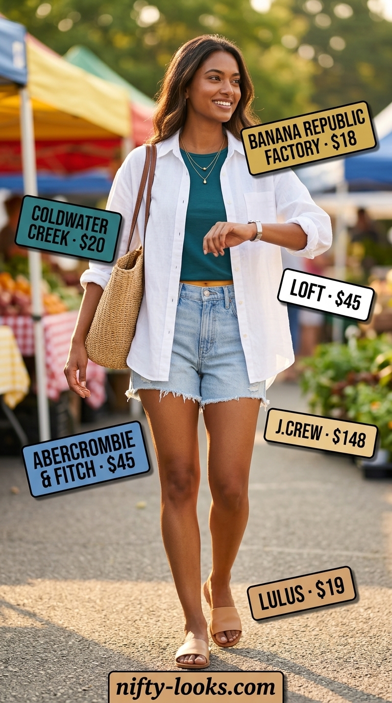 Denim shorts and linen shirt outfit for women 2026. Casual summer basics with straw tote & slides.