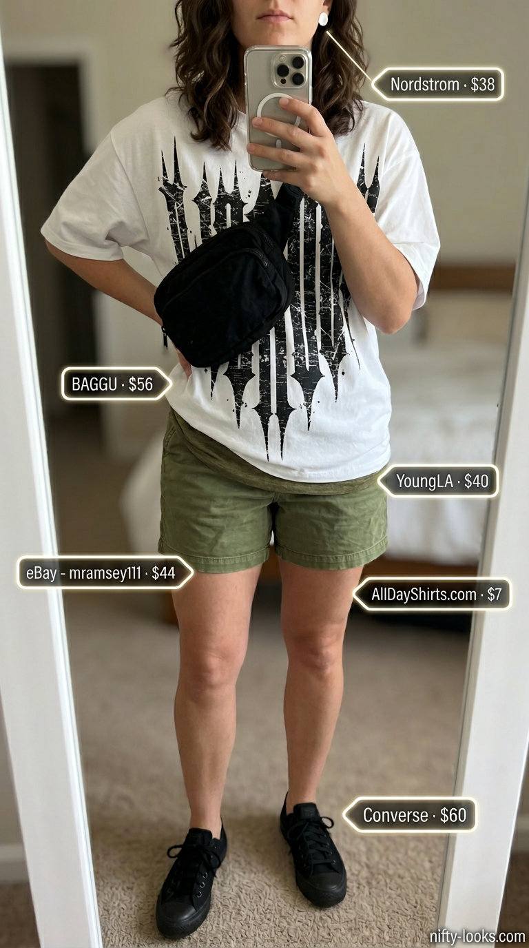 Olive green shorts with graphic tee & belt bag for active every day summer basics outfits for women 2026.