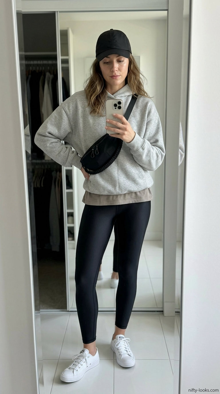 Grey oversized hoodie with black leggings and white sneakers. Everyday summer basics outfits for women 2026.