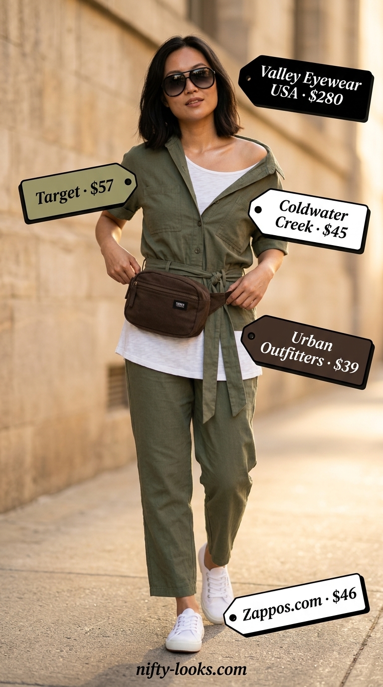 Khaki green utility jumpsuit with white sneakers and canvas belt bag. Everyday summer basics outfits for women 2026.
