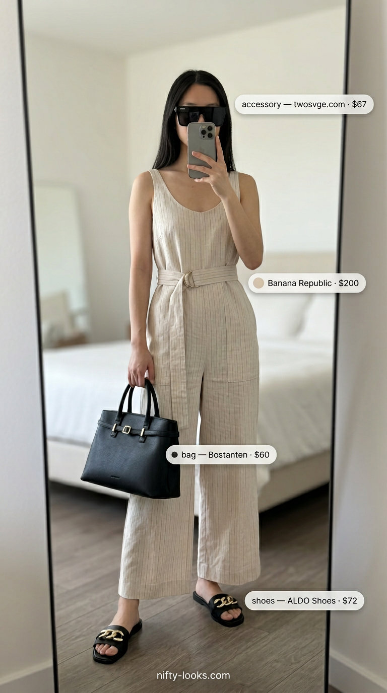 Linen jumpsuit with leather tote & slides for polished every day summer basics outfits for women 2026.