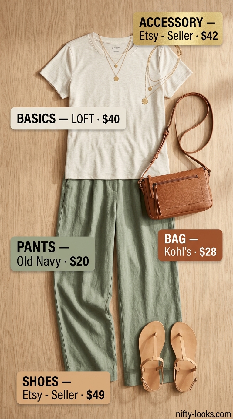 Sage green linen pants with cream tank & tan sandals for relaxed every day summer basics outfits for women 2026.