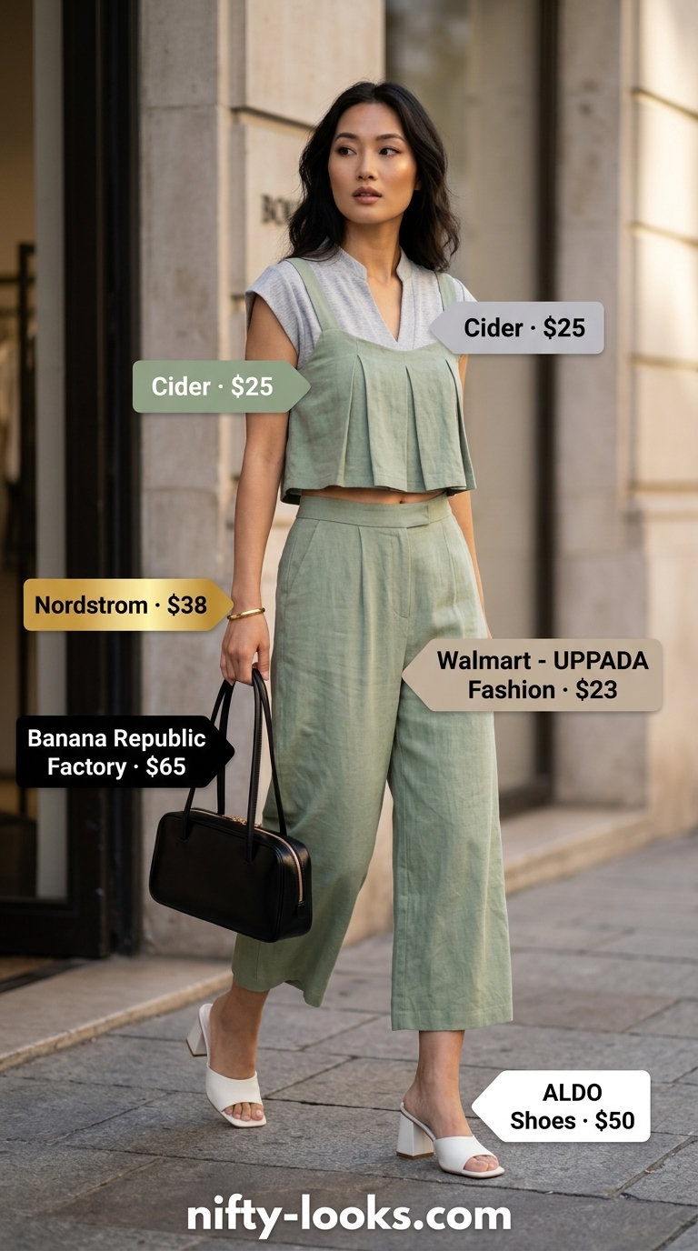 Olive green linen set with white mules & gold bangle for chic every day summer basics outfits for women 2026.