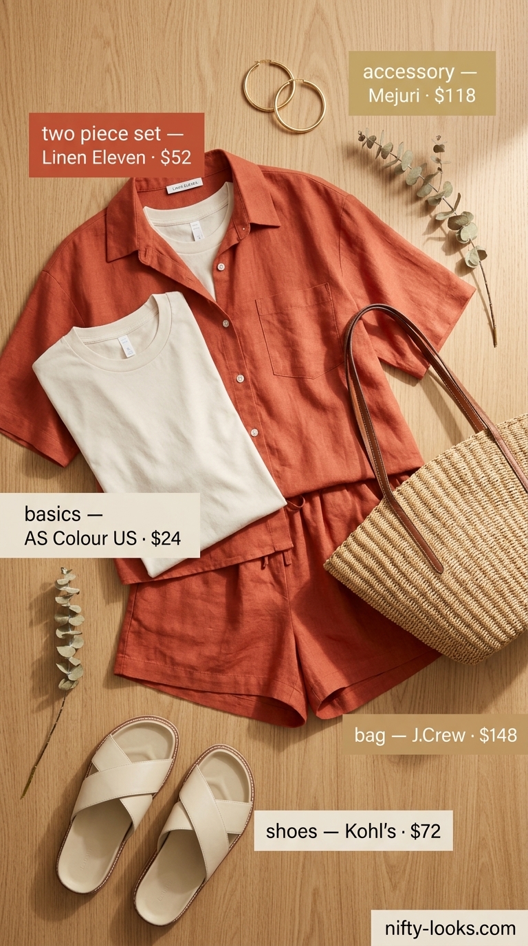 Terracotta linen blend shorts set with cream slides and straw tote. Everyday summer basics outfits for women 2026.