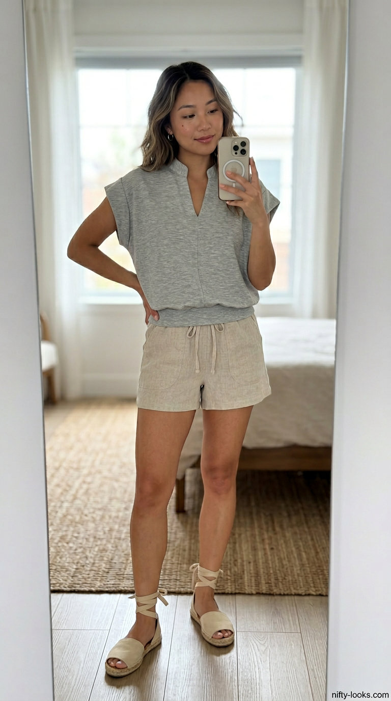 Cream linen shorts set outfit for women 2026. Effortless summer basics with espadrilles & raffia bag.