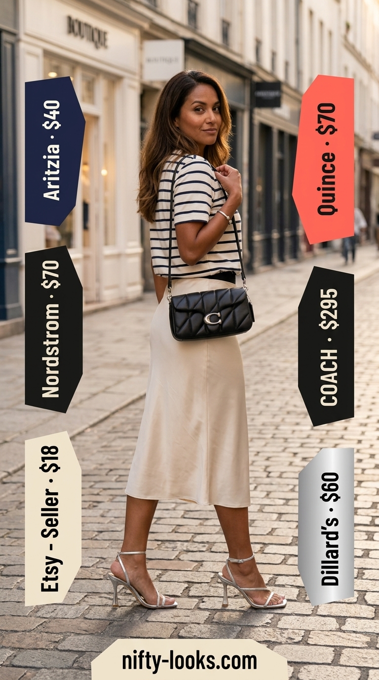 Beige satin midi skirt outfit for women 2026. Elegant summer basics with heeled sandals & bodysuit.