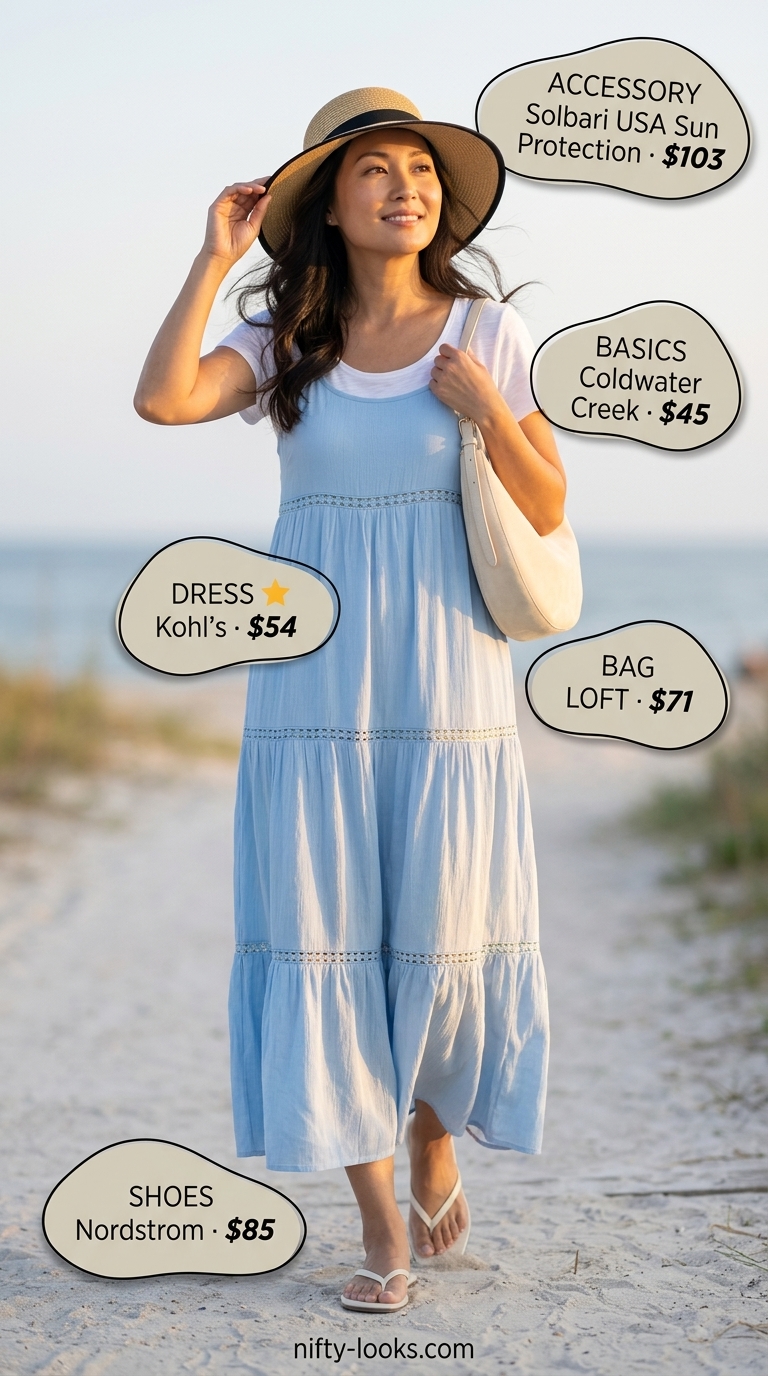 Sky blue tiered maxi dress with straw hat and leather sandals. Everyday summer basics outfits for women 2026.