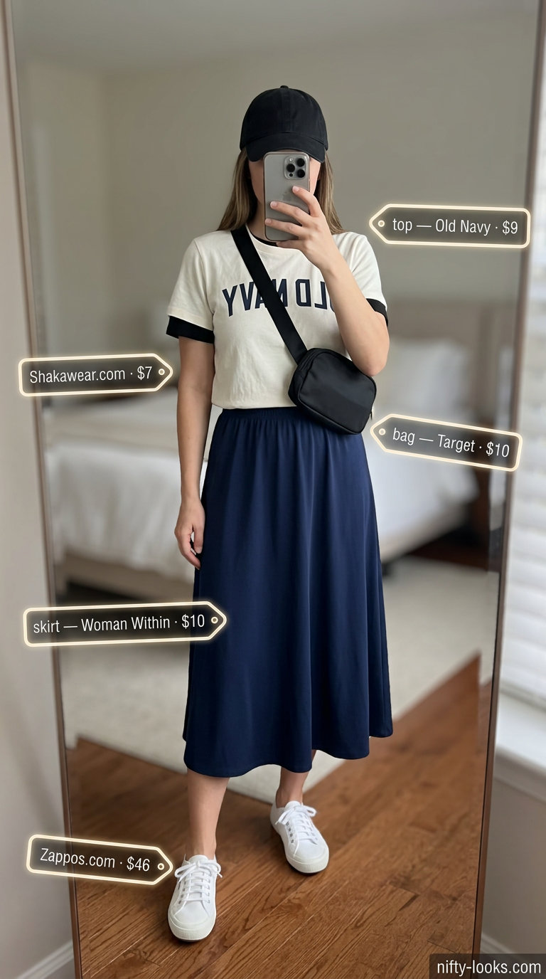 Navy midi skirt with graphic tee & baseball cap for sporty every day summer basics outfits for women 2026.