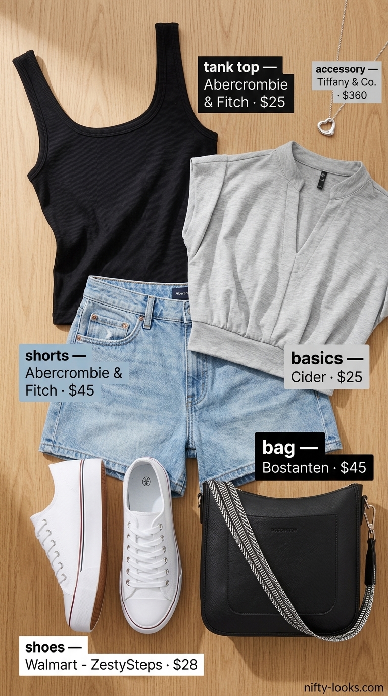 Black tank top with denim shorts & sneakers for cool every day summer basics outfits for women 2026.