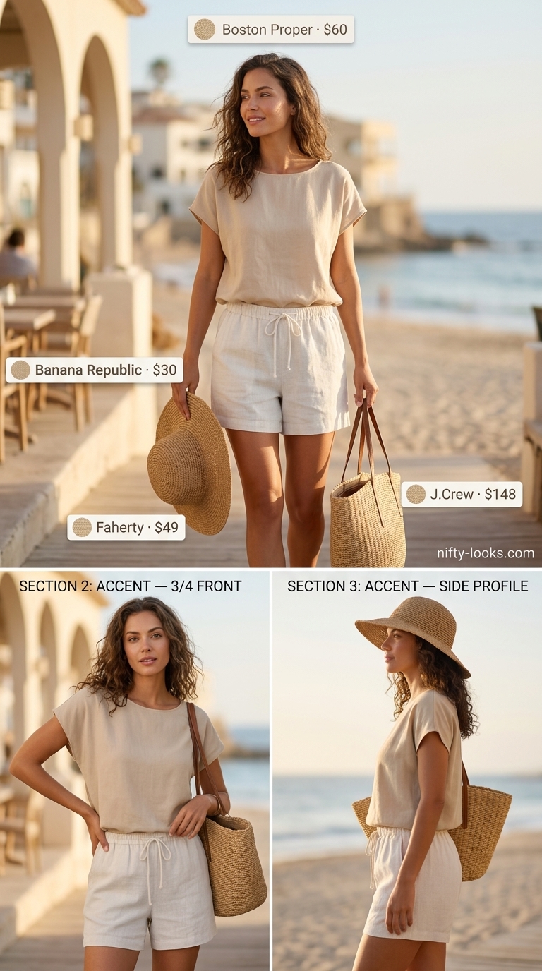 Taupe linen shorts set with cream tank top and straw hat. Everyday summer basics outfits for women 2026.
