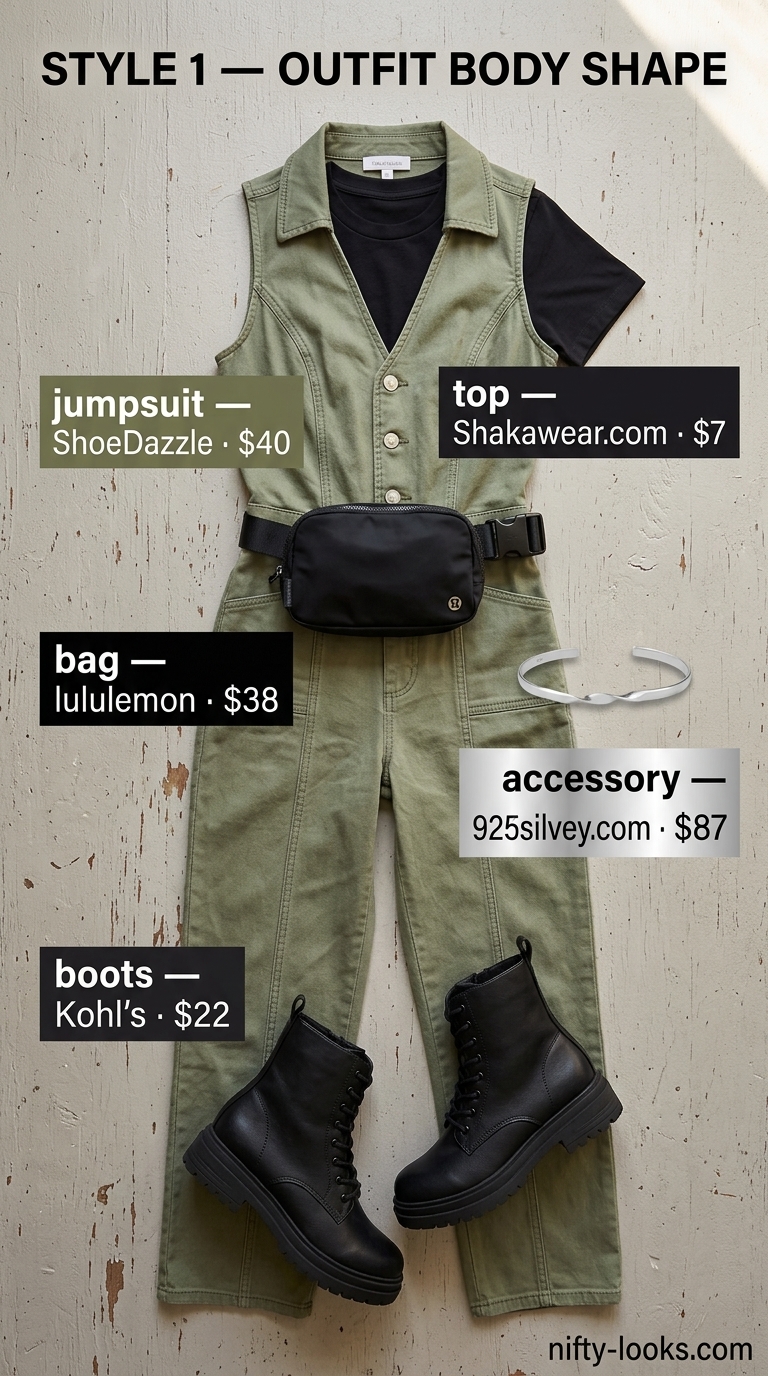 Olive green utility jumpsuit with black combat boots and belt bag. Chic everyday summer basics outfits for women 2026.