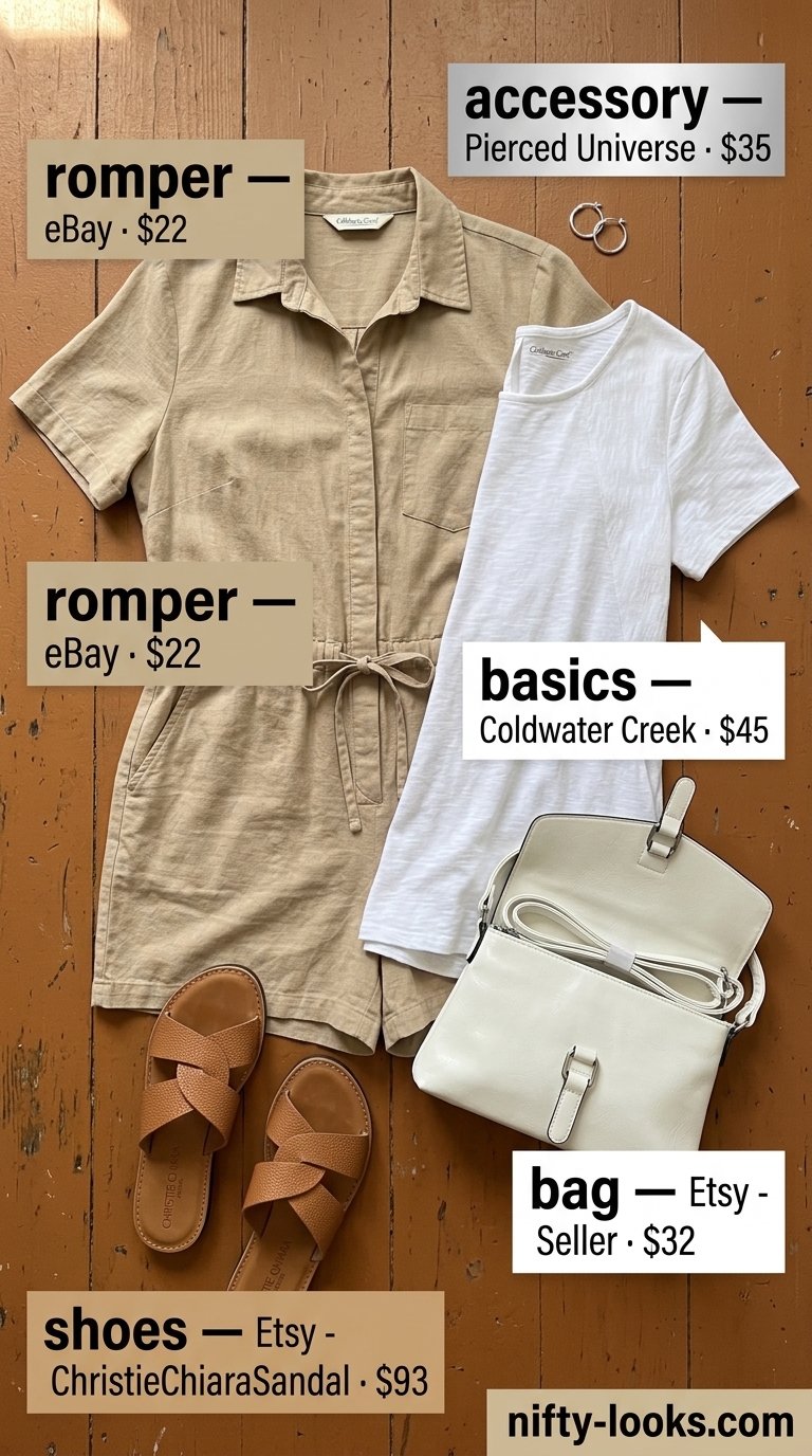 Khaki utility romper outfit for women 2026. Casual summer basics with slide sandals & crossbody bag.